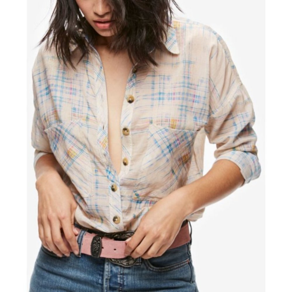 Free People Shore Vibes Cotton Printed Shirt Size XS